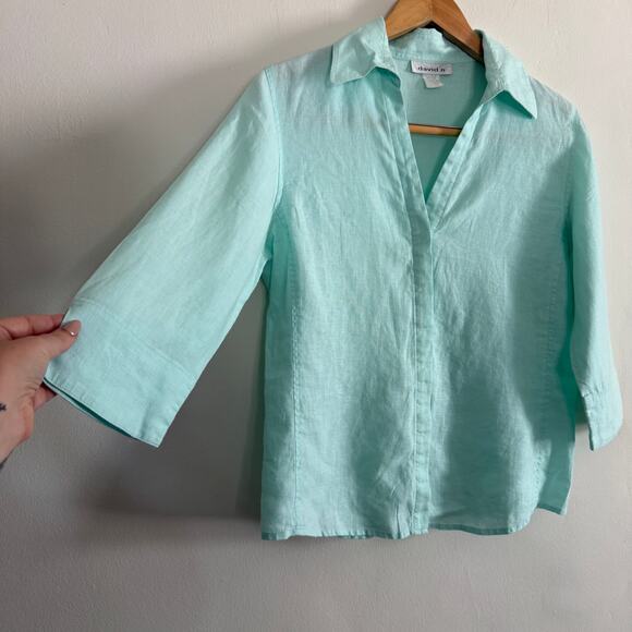 DAVID N | 100% Linen Sea Foam Green Button down 3/4 Sleeve Shirt | Medium - Picture 2 of 8